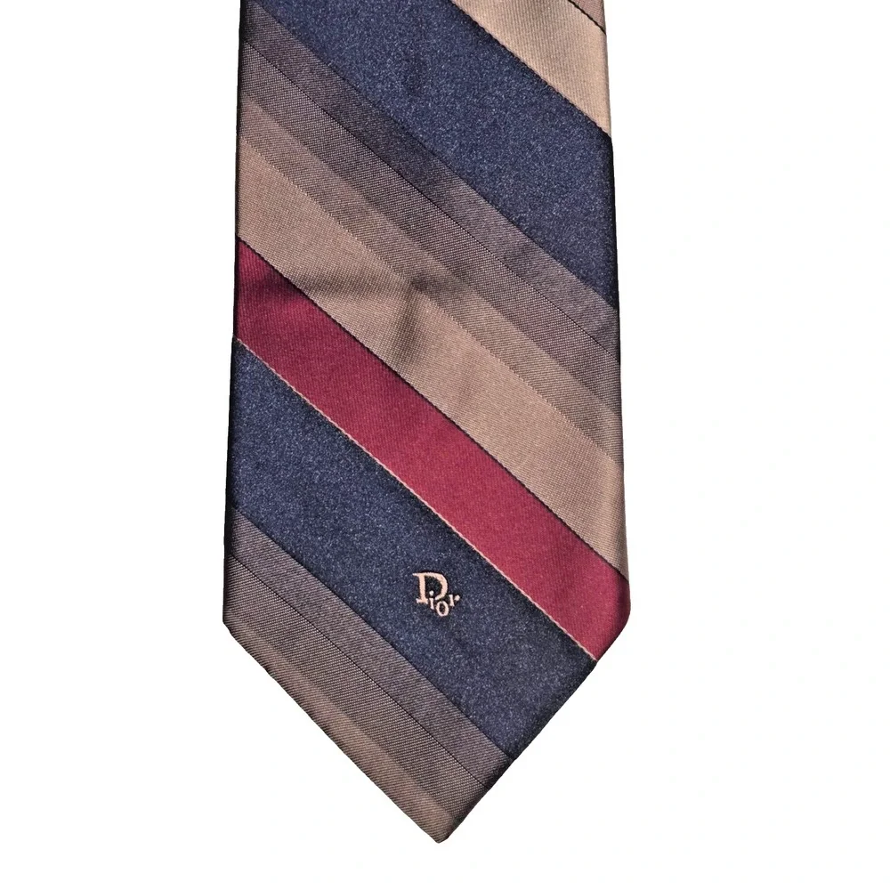 Christian Dior‎ Monsieur Tie USA Striped Burgundy Blue Brown Logo 57.3x3.3